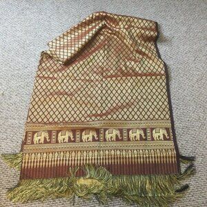 Handmade Thai Silk Blend Tablecloth Gold Burgundy Elephant Design 82" x 60"